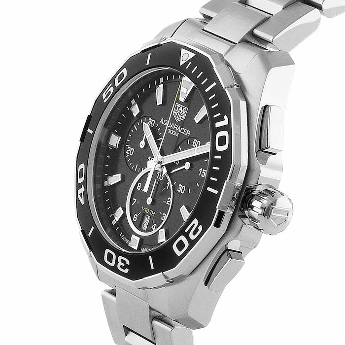 Tag Heuer Aquaracer Quartz Chronograph Black Dial Silver Steel Strap Watch for Men - CAY111A.BA0927