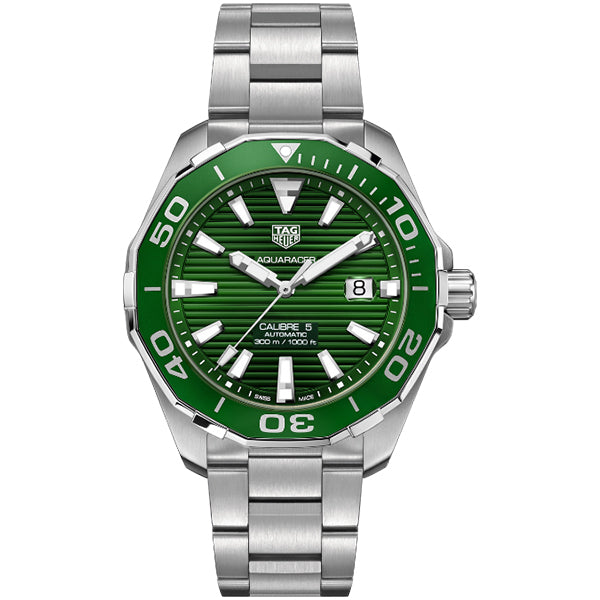 Tag Heuer Aquaracer Calibre 5 Green Dial Silver Steel Strap Watch for Men - WAY201S.BA0927