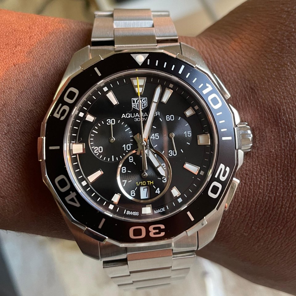 Tag Heuer Aquaracer Quartz Chronograph Black Dial Silver Steel Strap Watch for Men - CAY111A.BA0927