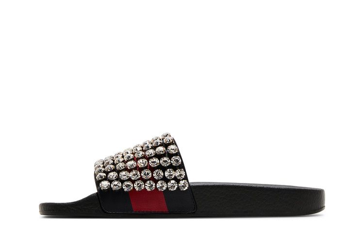 Gucci Crystal-Embellished Web Slide Black Blue Red (Women's)