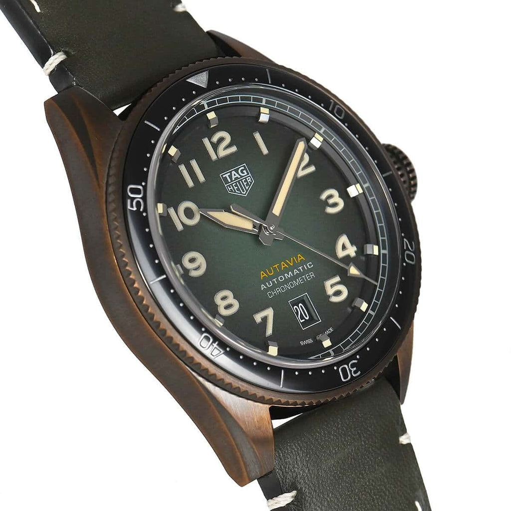 Tag Heuer Autavia Calibre 5 Automatic Olive Green Dial Green Leather Strap Watch for Men - WBE5190.FC8268