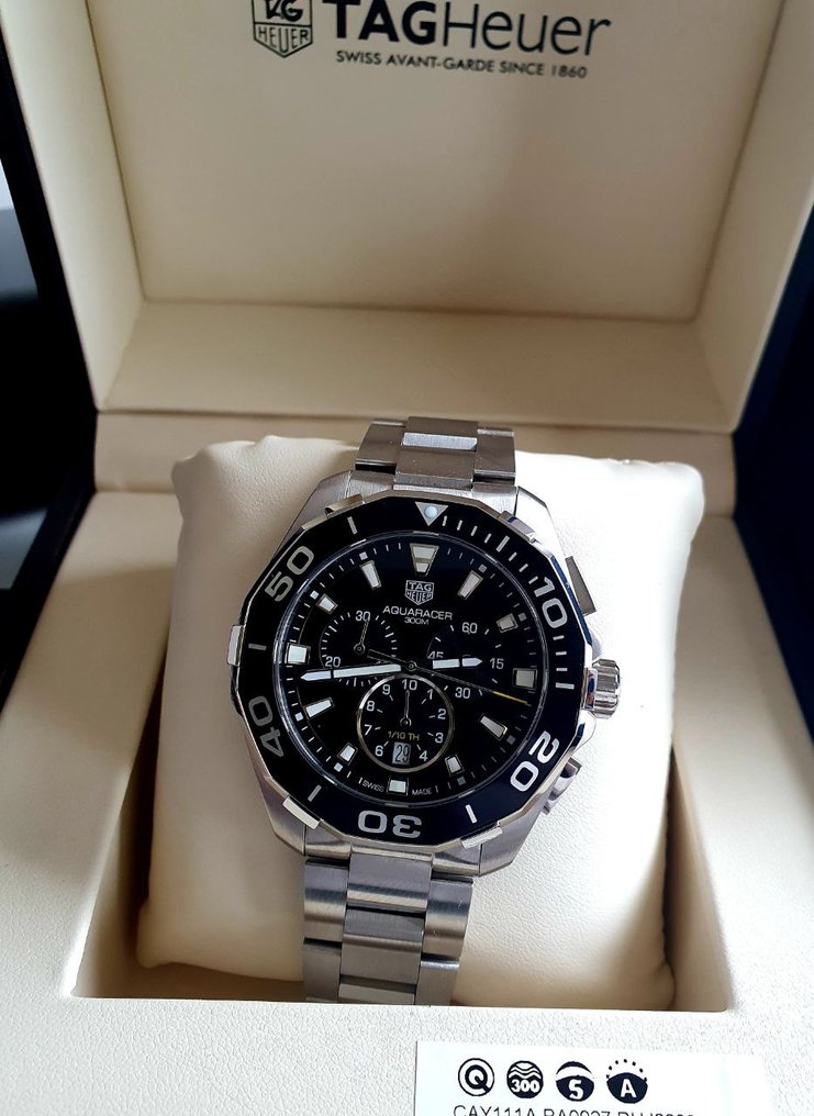 Tag Heuer Aquaracer Quartz Chronograph Black Dial Silver Steel Strap Watch for Men - CAY111A.BA0927