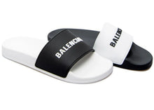 Load image into Gallery viewer, Balenciaga Pool Slides Logo White Black Alternate