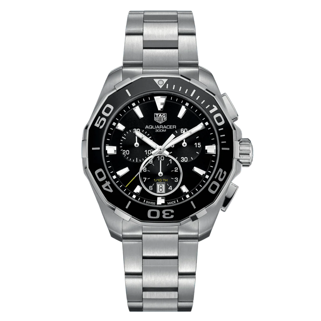 Tag Heuer Aquaracer Quartz Chronograph Black Dial Silver Steel Strap Watch for Men - CAY111A.BA0927