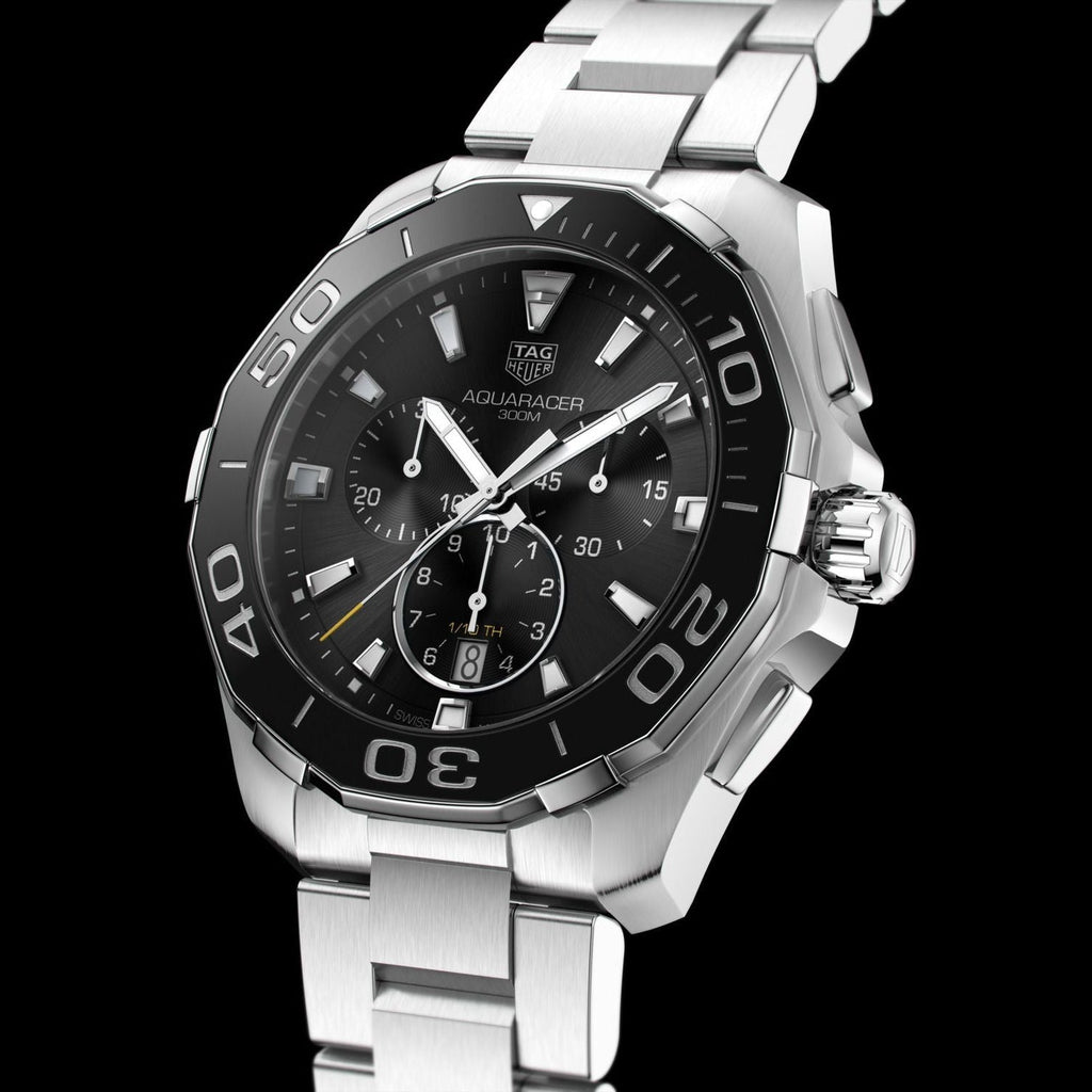 Tag Heuer Aquaracer Quartz Chronograph Black Dial Silver Steel Strap Watch for Men - CAY111A.BA0927