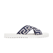 Load image into Gallery viewer, Versace Greca-Print Crossover-Strap Slide Navy White