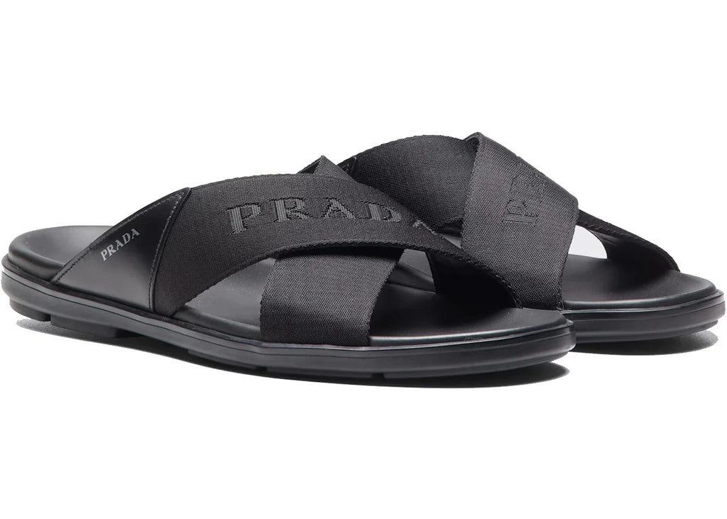 Prada Nylon Tape Crisscross Slides Black Leather (Men's)