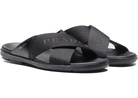 Prada Nylon Tape Crisscross Slides Black Leather (Men's)