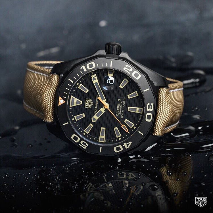 Tag Heuer Aquaracer 300 Calibre 5 Automatic Black Dial Brown Nylon Strap Watch for Men - WAY208C.FC6383