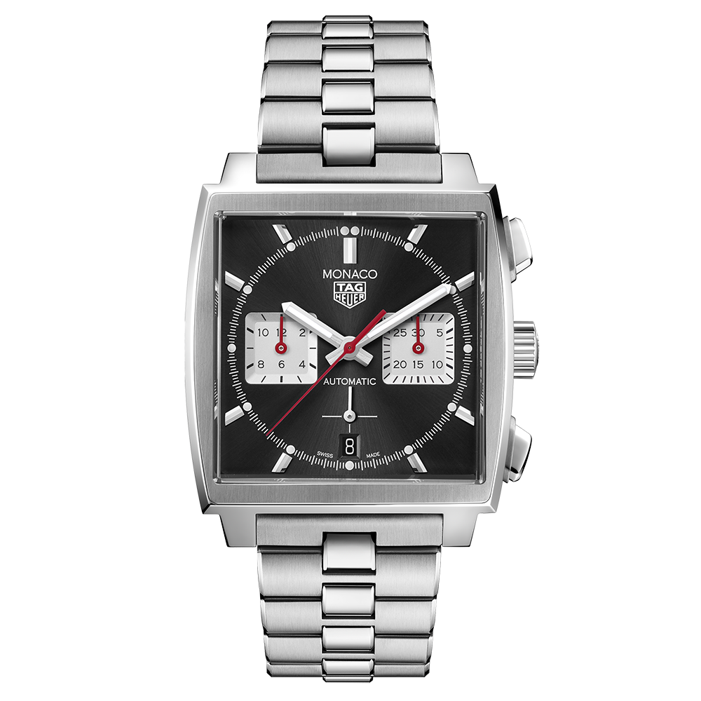 Tag Heuer Monaco Automatic Chronograph Black Dial Silver Steel Strap Watch for Men - CBL2113.BA0644