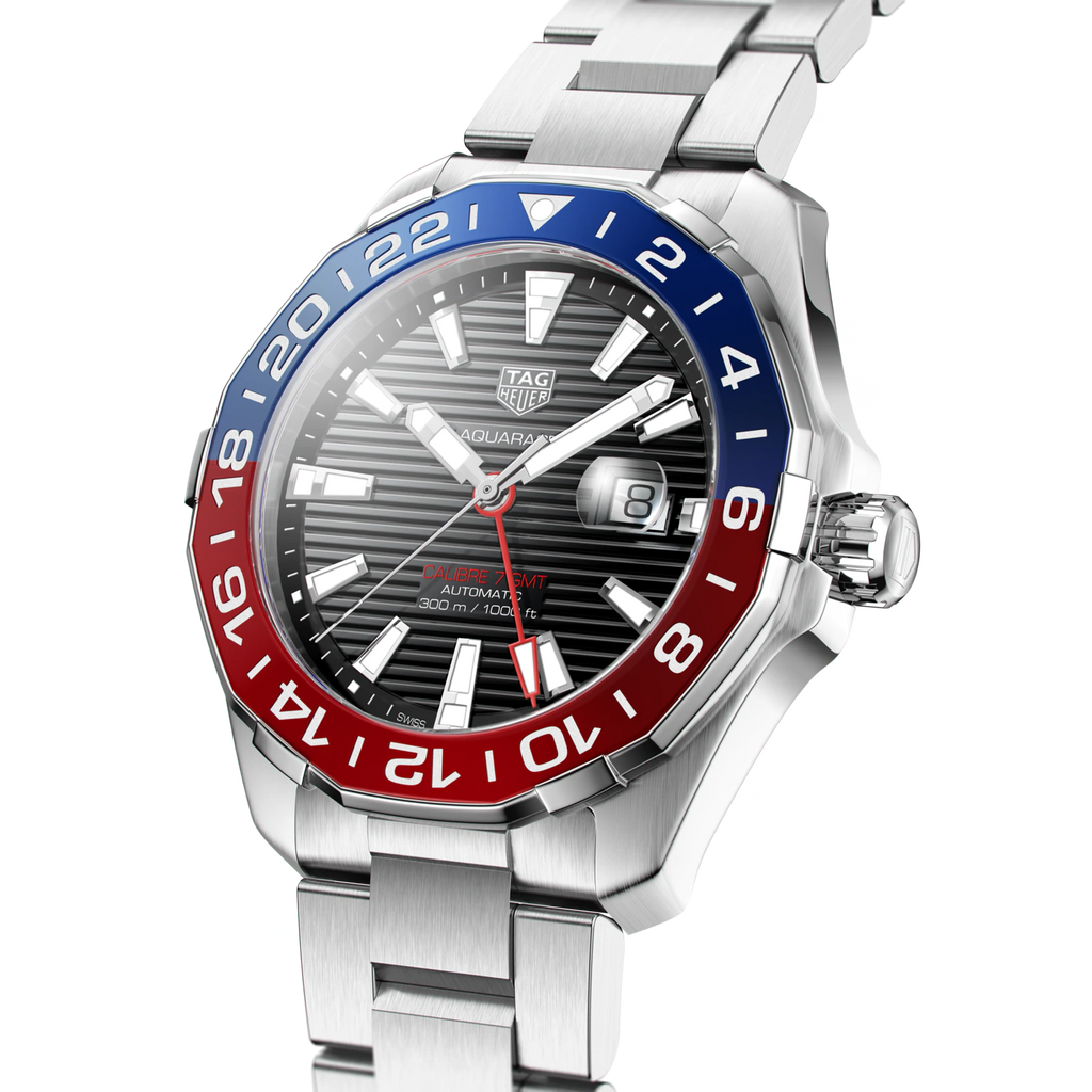 Tag Heuer Aquaracer GMT Caliber 7 Pepsi Black Dial Silver Steel Strap Watch for Men - WAY201F.BA0927