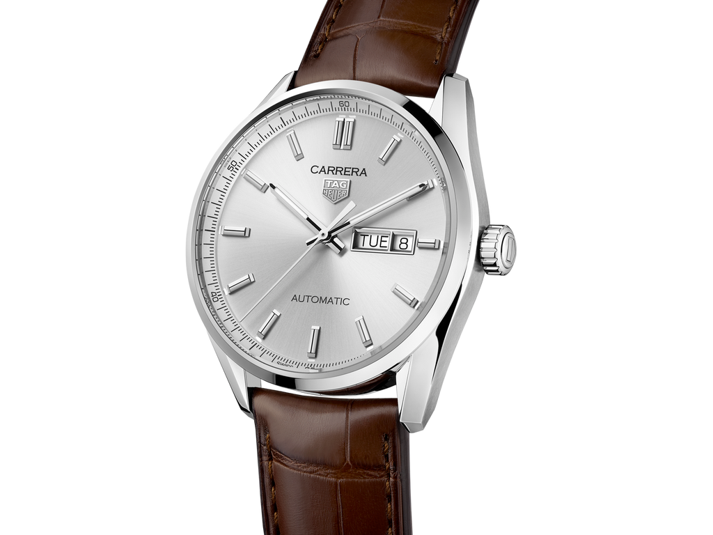 Tag Heuer Carrera Day Date Silver Dial Brown Leather Strap Watch for Men - WBN2011.FC6484