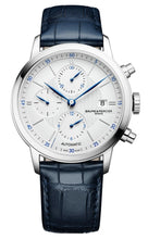 Load image into Gallery viewer, Baume &amp; Mercier Classima Automatic Chronograph Stainless Steel Blue Leather Strap Silver Dial Date Mens Watch M0A10330