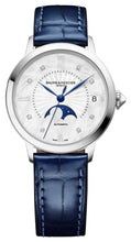 Load image into Gallery viewer, Baume &amp; Mercier Classima Automatic Stainless Steel Mother-Of-Pearl Dial Diamonds Blue Leather Strap Moonphase Date Womens Watch M0A10633