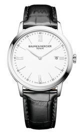 Baume & Mercier Classima White Dial Black Leather Strap Date Quartz Mens Watch M0A10414