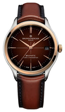 Load image into Gallery viewer, Baume &amp; Mercier Clifton Baumatic COSC Automatic Stainless Steel &amp; Rose Gold Brown Dial Brown Leather Strap Date Mens Watch M0A10713