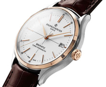 Load image into Gallery viewer, Baume &amp; Mercier Clifton Baumatic COSC Automatic Stainless Steel &amp; Rose Gold White Dial Brown Leather Strap Date Mens Watch M0A10519