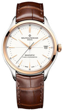 Load image into Gallery viewer, Baume &amp; Mercier Clifton Baumatic COSC Automatic Stainless Steel &amp; Rose Gold White Dial Brown Leather Strap Date Mens Watch M0A10519