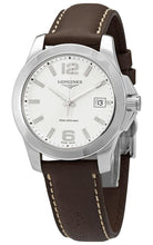 Load image into Gallery viewer, Longines Conquest Stainless Steel Brown Leather Strap Silver-Tone Dial Date Quartz Womens Watch L3.377.4.76.5
