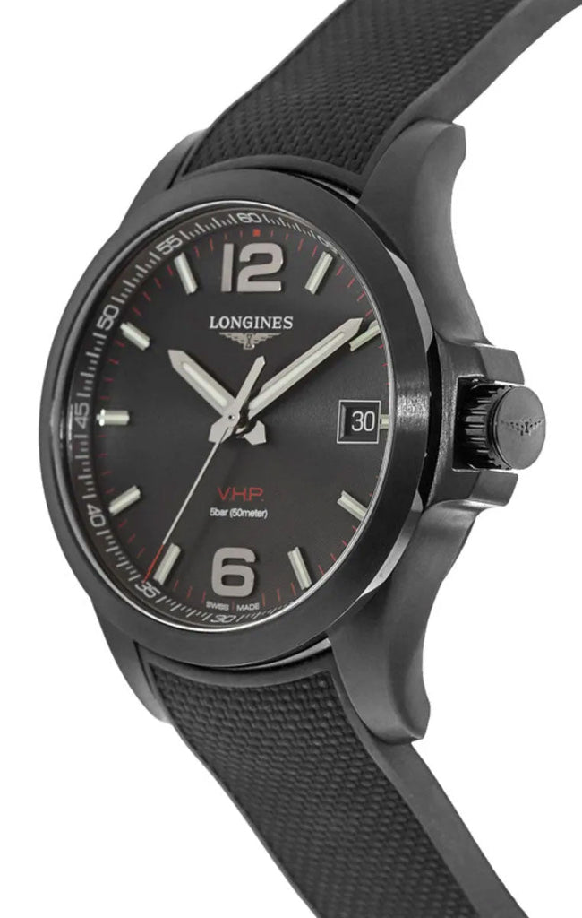 Longines Conquest V.H.P. Black PVD Black Dial Black Rubber Strap Perpetual Calendar Date Quartz Mens Watch L3.716.2.56.9