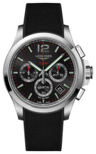 Load image into Gallery viewer, Longines Conquest V.H.P. Chronograph Stainless Steel Black Dial Black Rubber Strap Perpetual Calendar Date Quartz Mens Watch L3.717.4.56.9