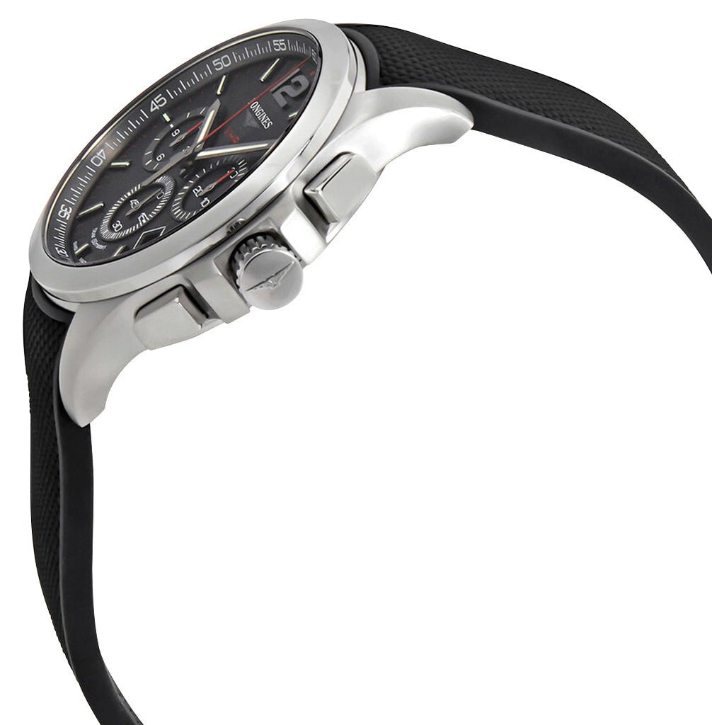 Longines Conquest V.H.P. Chronograph Stainless Steel Black Dial Black Rubber Strap Perpetual Calendar Date Quartz Mens Watch L3.717.4.56.9