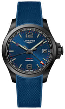 Load image into Gallery viewer, Longines Conquest V.H.P. GMT Black PVD Blue Rubber Strap Blue Dial Perpetual Calendar Date Quartz Mens Watch L3.718.2.96.9