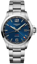 Load image into Gallery viewer, Longines Conquest V.H.P. GMT Stainless Steel Blue Dial Perpetual Calendar Date Quartz Mens Watch L3.728.4.96.6