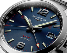 Load image into Gallery viewer, Longines Conquest V.H.P. GMT Stainless Steel Blue Dial Perpetual Calendar Date Quartz Mens Watch L3.728.4.96.6