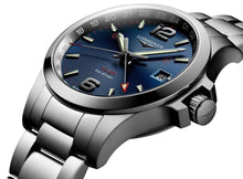 Load image into Gallery viewer, Longines Conquest V.H.P. GMT Stainless Steel Blue Dial Perpetual Calendar Date Quartz Mens Watch L3.728.4.96.6