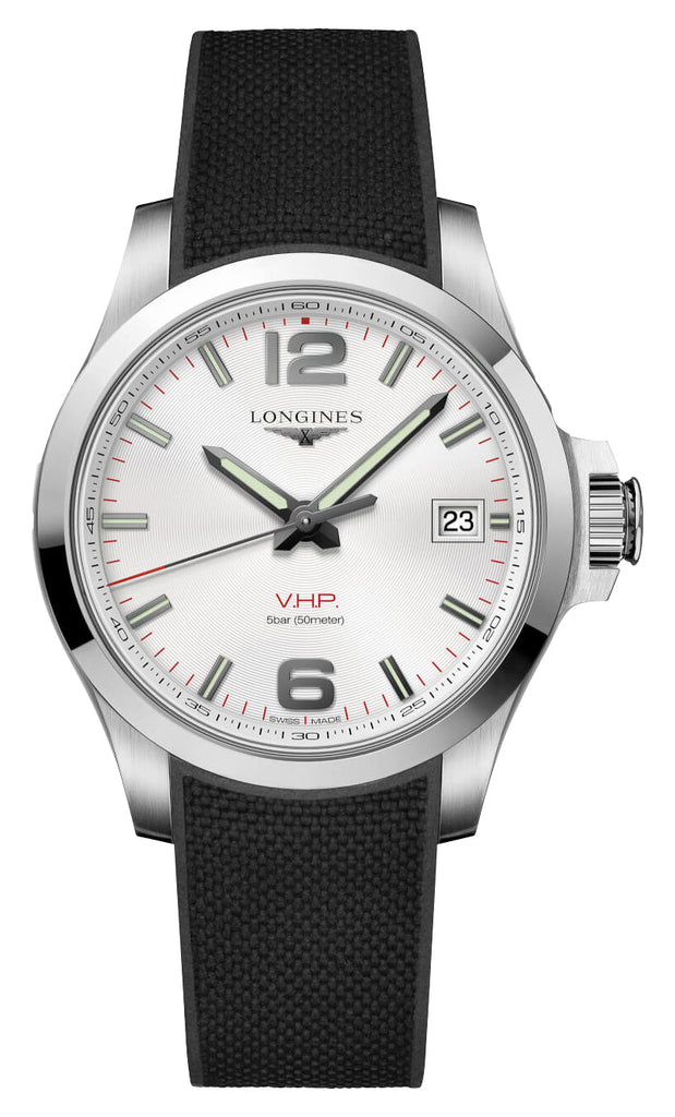 Longines Conquest V.H.P. Stainless Steel Silver Dial Black Rubber Strap Perpetual Calendar Date Quartz Mens Watch L3.716.4.76.9