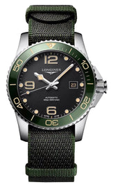 Longines HydroConquest Automatic Stainless Steel Black Dial Green NATO Nylon Strap Date Divers Mens Watch L3.781.4.05.2