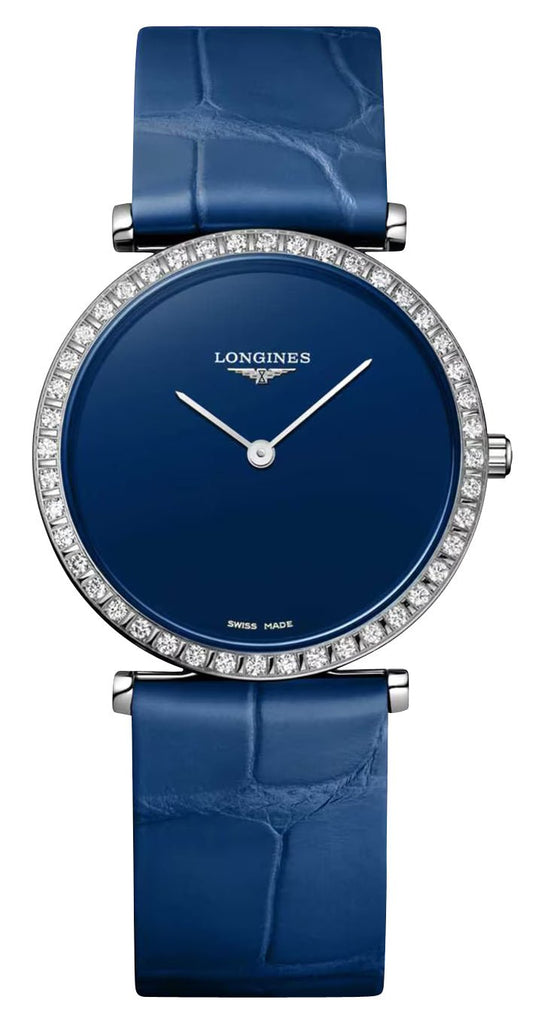 Longines La Grande Classique Monochrome Stainless Steel Blue Dial Blue Leather Strap Diamonds Quartz Womens Watch L4.523.0.90.2