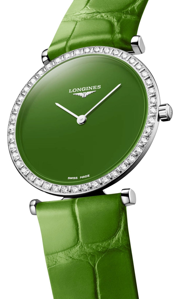 Longines La Grande Classique Monochrome Stainless Steel Green Dial Green Leather Strap Diamonds Quartz Womens Watch L4.523.0.60.2