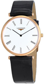 Longines La Grande Classique Rose Gold PVD White Dial Black Leather Strap Quartz Mens Watch L4.709.1.91.2