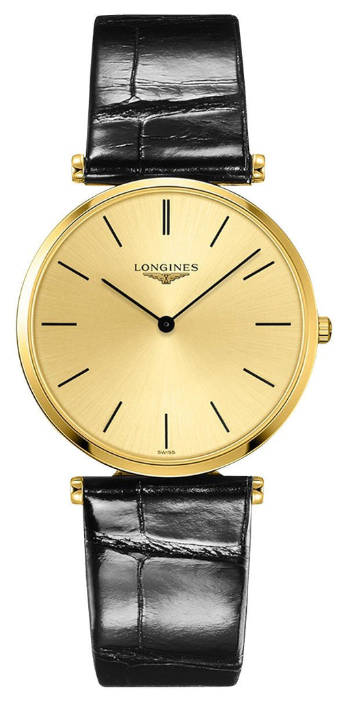 Longines La Grande Classique Yellow Gold PVD Gold Dial Black Leather Strap Quartz Mens Watch L4.755.2.32.2