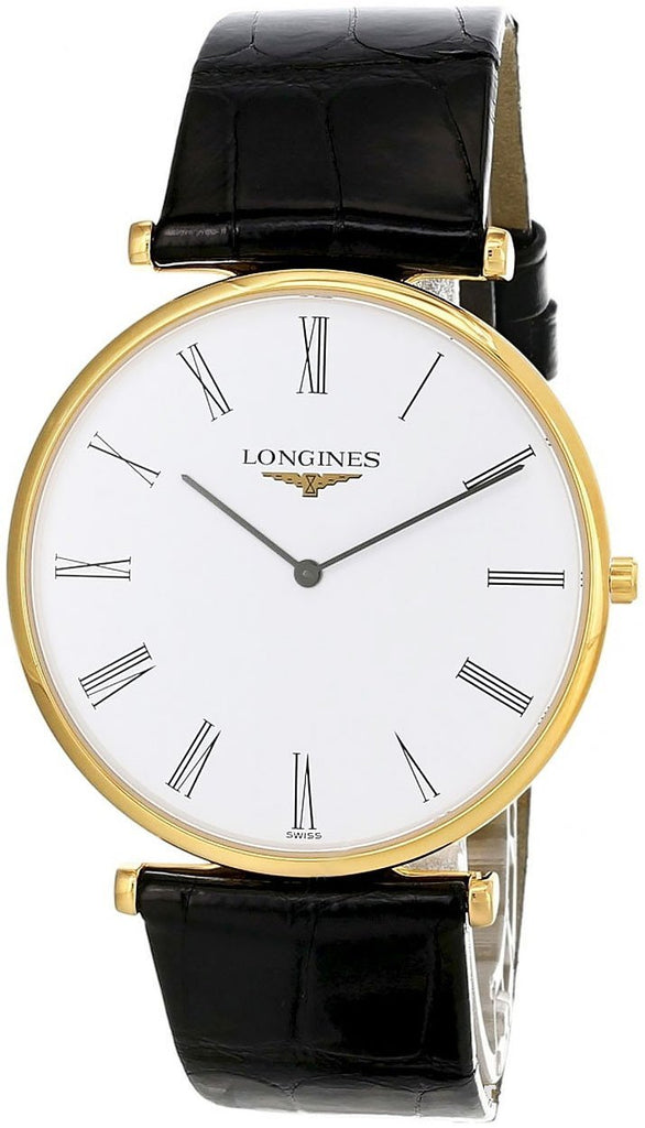 Longines La Grande Classique Yellow Gold PVD White Dial Black Leather Strap Quartz Mens Watch L4.766.2.11.2