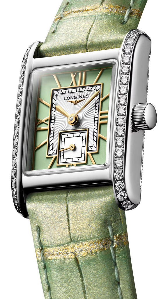 Longines Mini DolceVita Stainless Steel Green Dial Green Leather Strap Diamonds Quartz Womens Watch L5.200.0.05.2