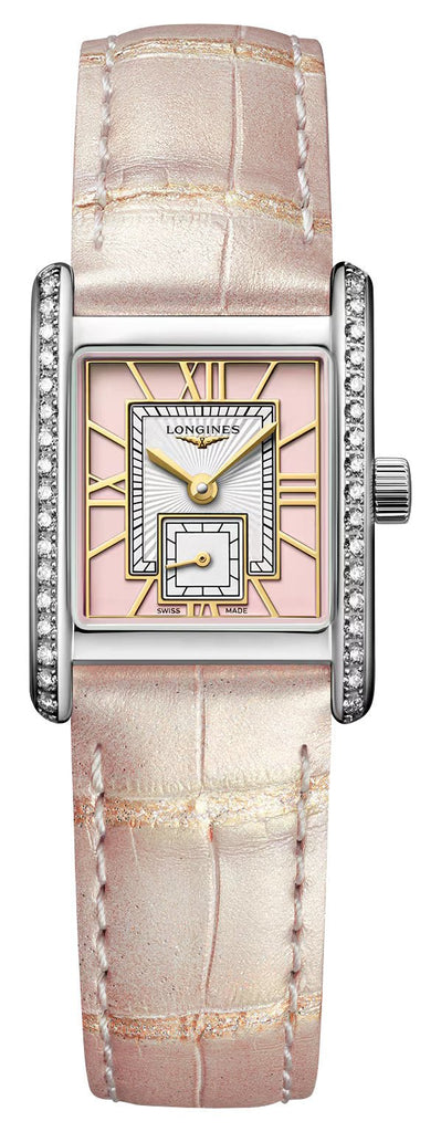 Longines Mini DolceVita Stainless Steel Pink Dial Pink Leather Strap Diamonds Quartz Womens Watch L5.200.0.99.2