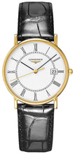 Load image into Gallery viewer, Longines Presence 18kt Yellow Gold White Dial Black Leather Strap Date Quartz Mens Watch L4.743.6.11.0