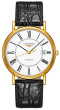 Load image into Gallery viewer, Longines Presence Automatic Yellow Gold PVD White Dial Black Leather Strap Date Mens Watch L4.921.2.11.2
