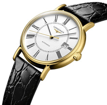 Load image into Gallery viewer, Longines Presence Automatic Yellow Gold PVD White Dial Black Leather Strap Date Mens Watch L4.921.2.11.2