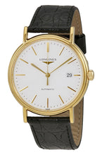 Load image into Gallery viewer, Longines Presence Automatic Yellow Gold PVD White Dial Black Leather Strap Date Mens Watch L4.921.2.12.2