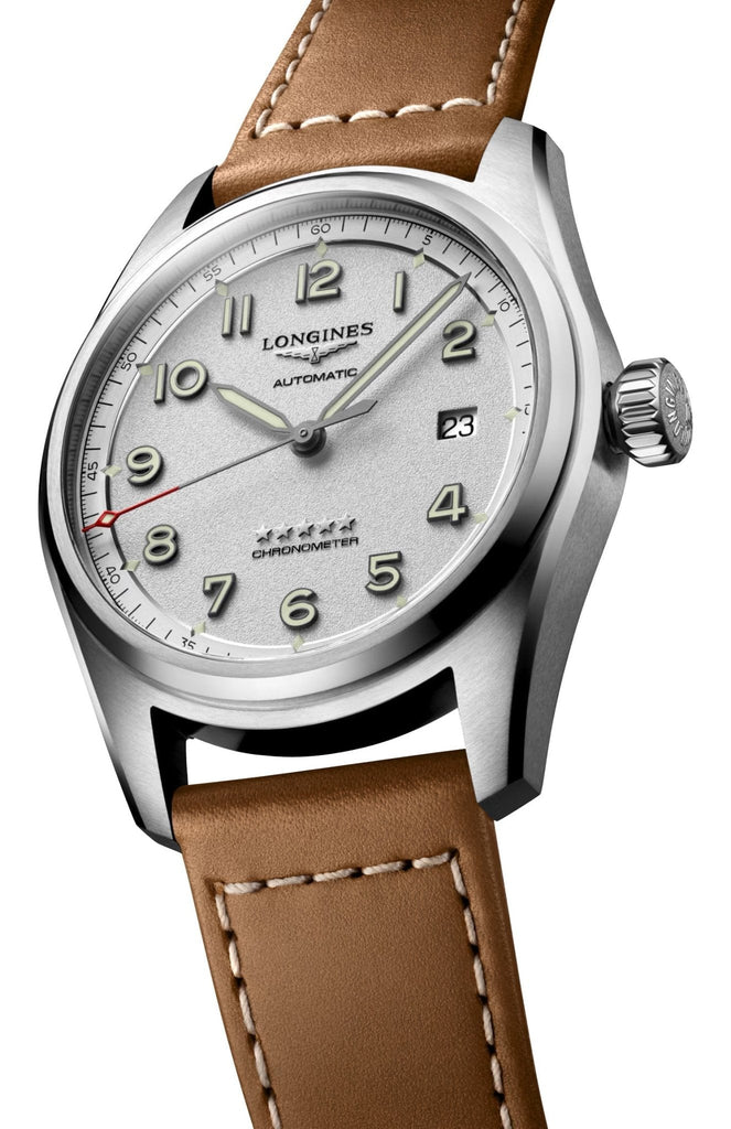Longines Spirit Automatic Chronometer Stainless Steel Silver Dial Brown Leather Strap Date Mens Watch L3.810.4.73.2
