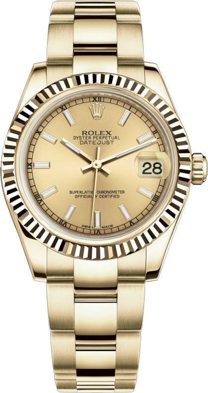 Rolex Datejust 31 Champagne Dial Fluted Bezel Gold Watch 178278-0070