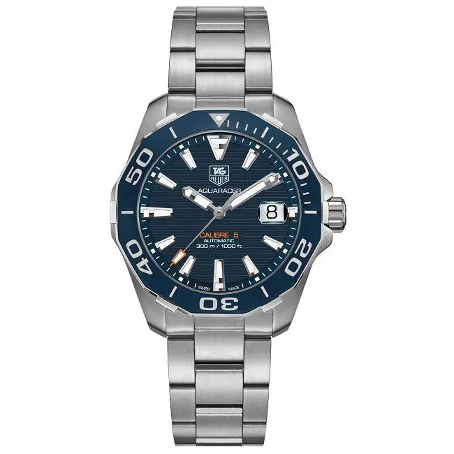 Tag Heuer Aquaracer Calibre 5 Blue Dial Silver Steel Strap Watch for Men - WAY211C.BA0928